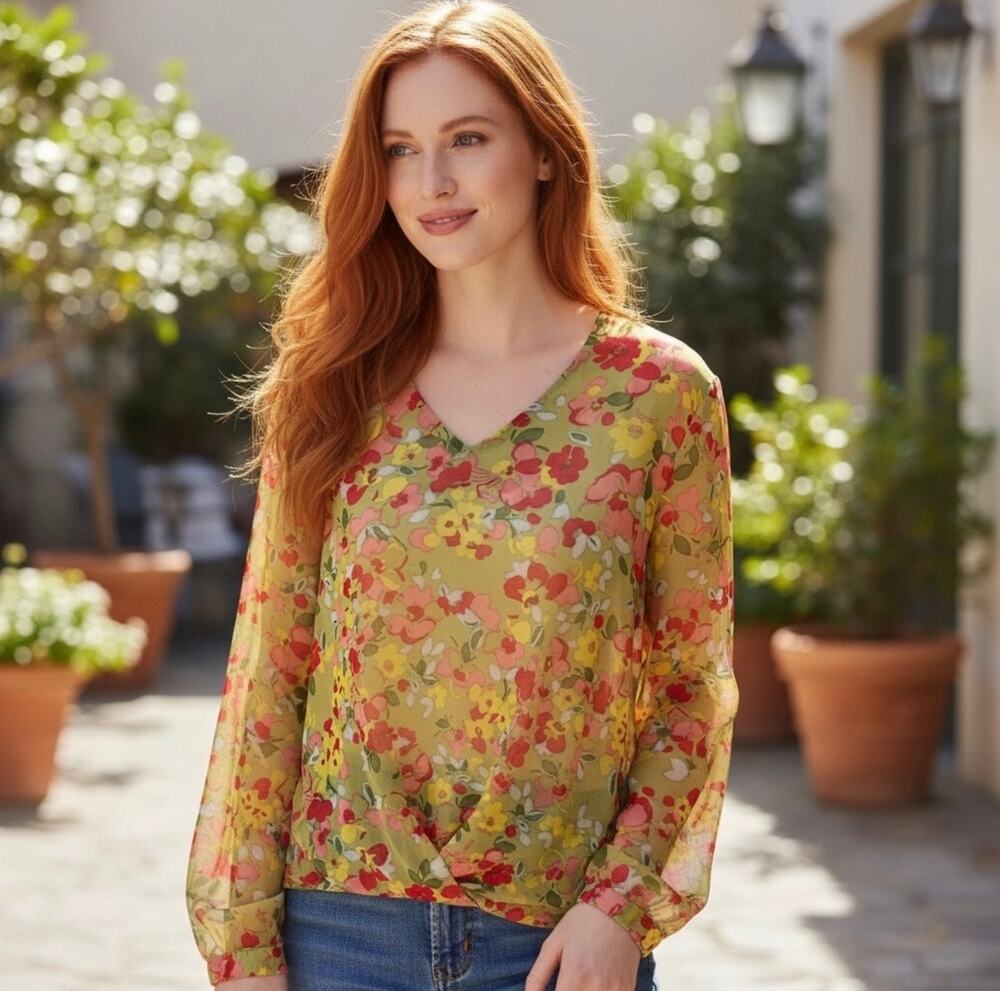 CAbi Playground Blouse #6503 XL Green Floral Sheer Chiffon Long Sleeve Top